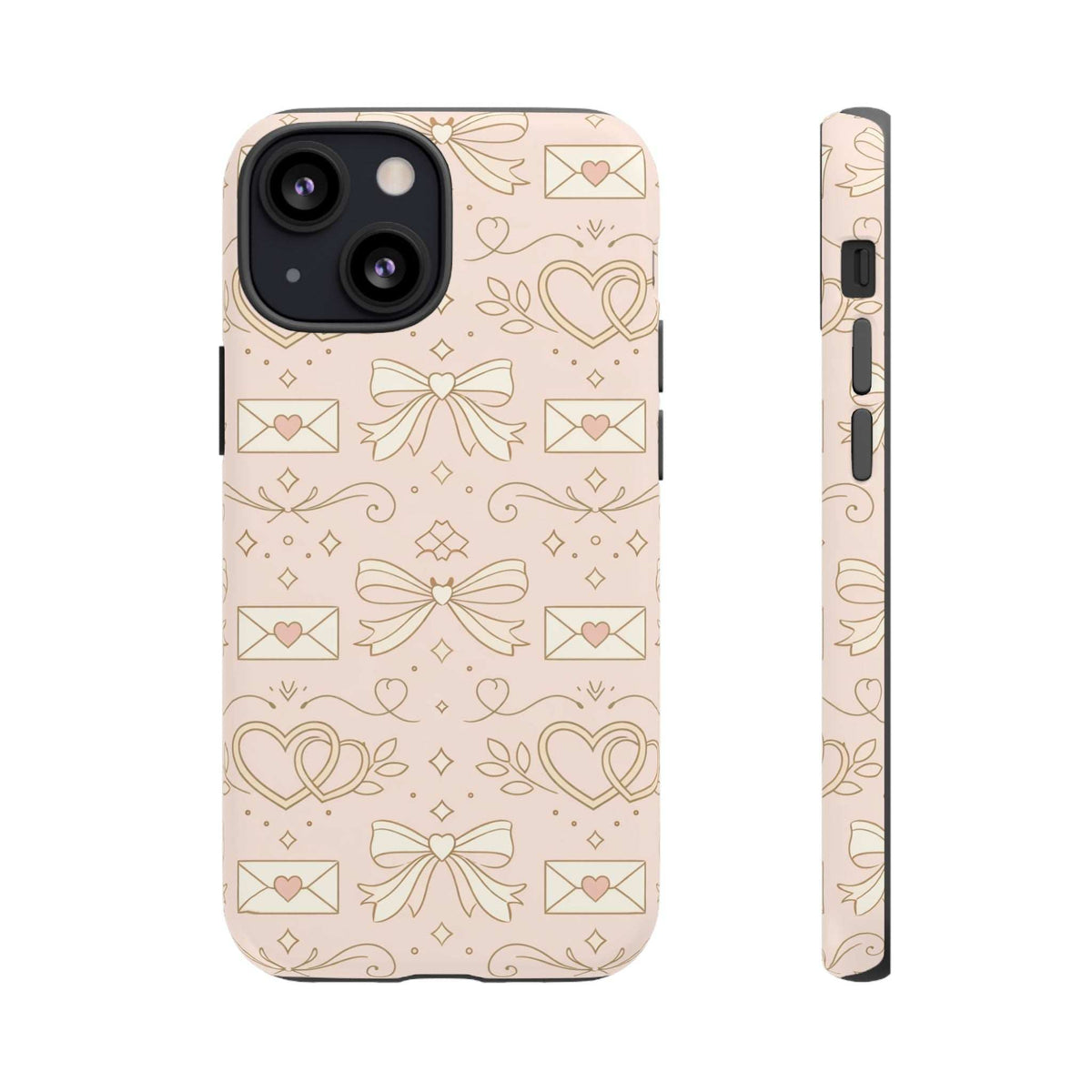 Peach smartphone case with gold heart, bow, and envelope pattern; front cameras and side
