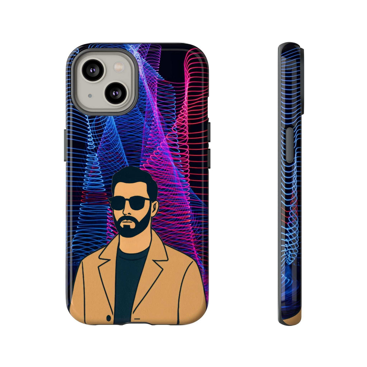 Glossy phone case with bearded man artwork, neon blue and pink contour waves, camera lens cutouts