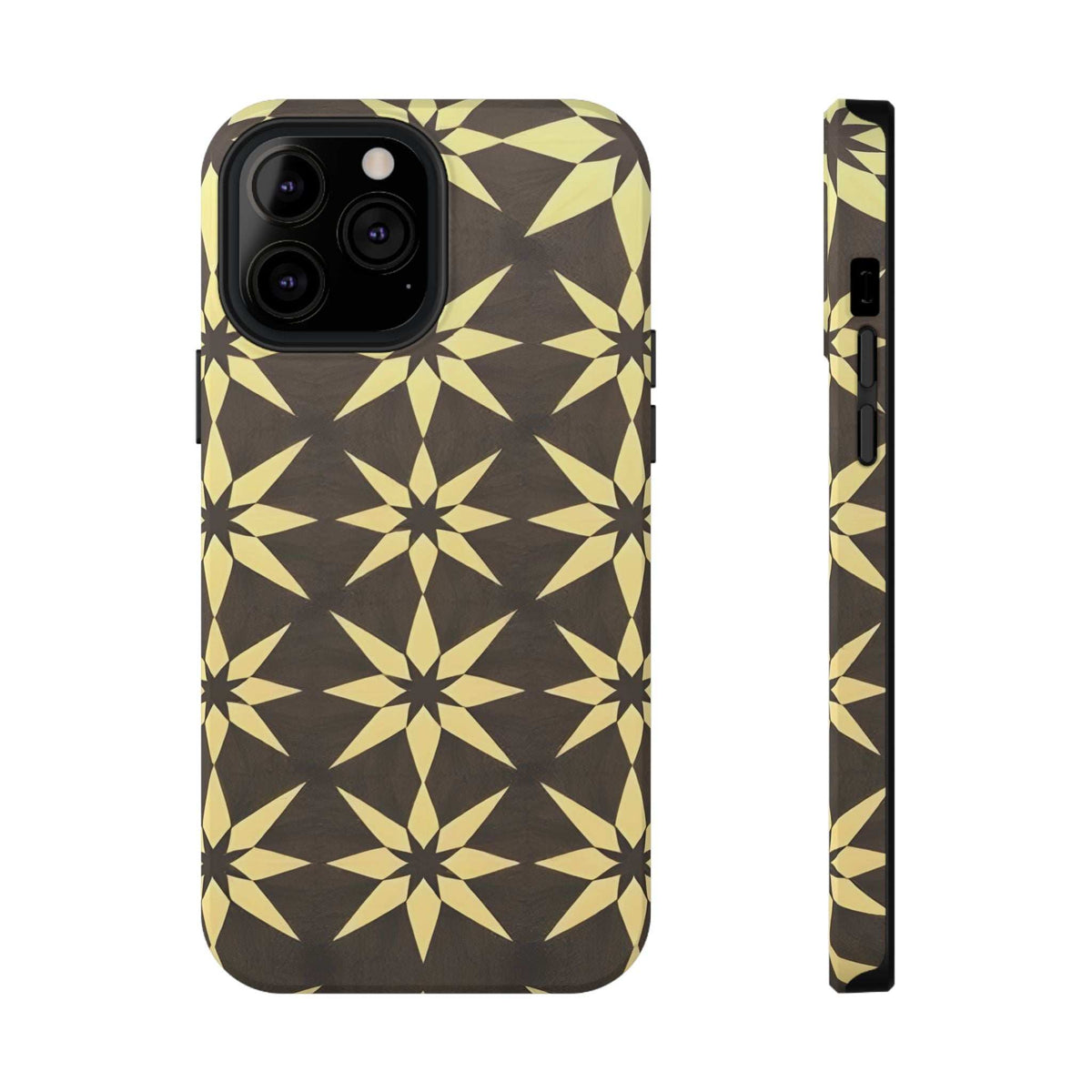 Star geometric phone case back with gold star pattern and black camera module cover