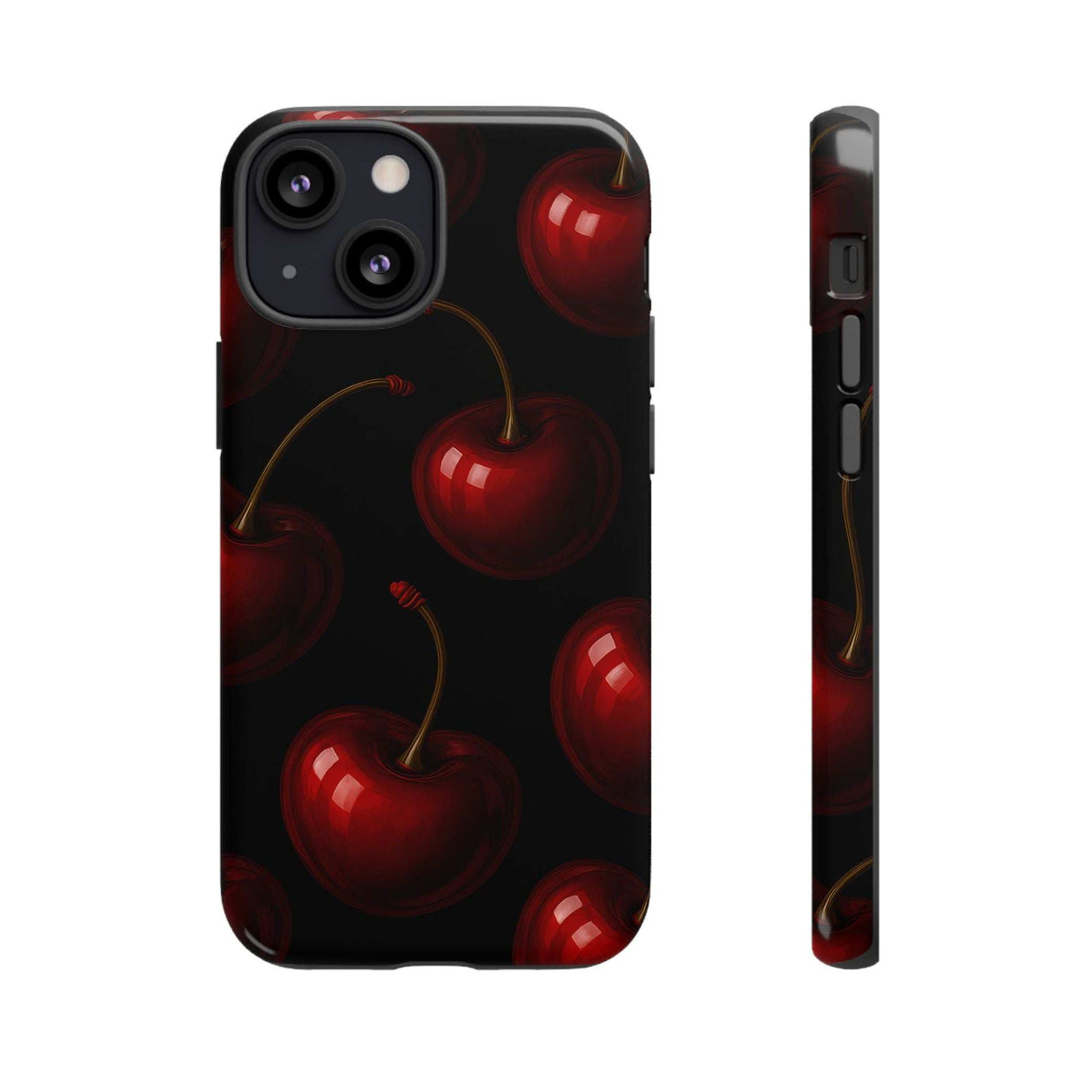 Glossy phone case with red cherries on dark background; camera cutouts and smooth finish