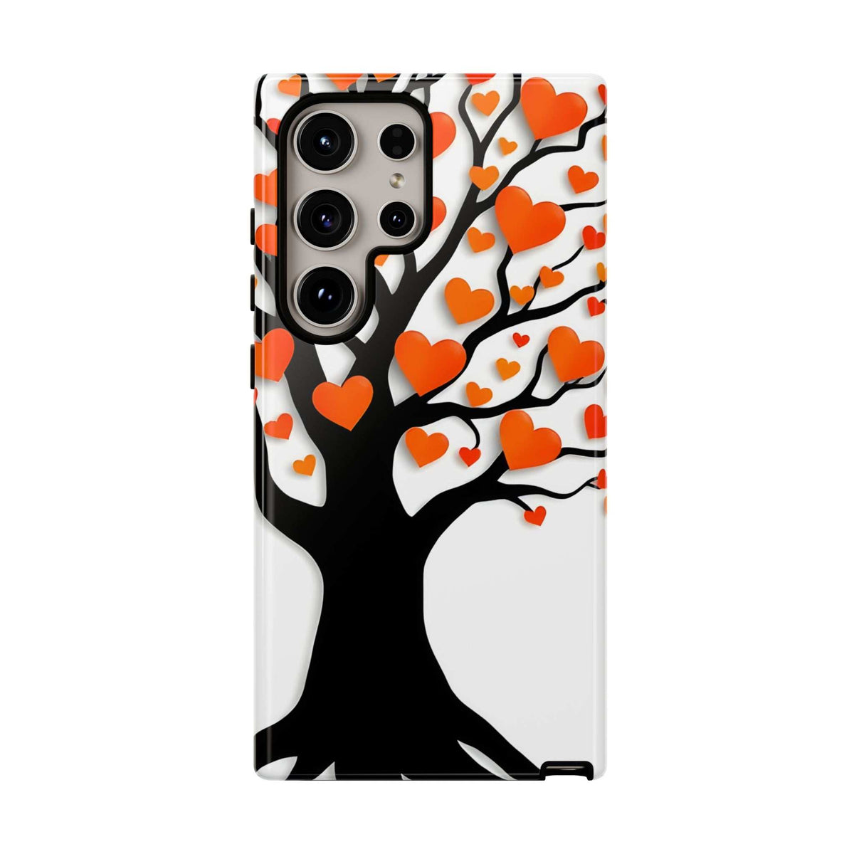 Heart tree phone case with orange hearts, black tree, and triple camera cutouts