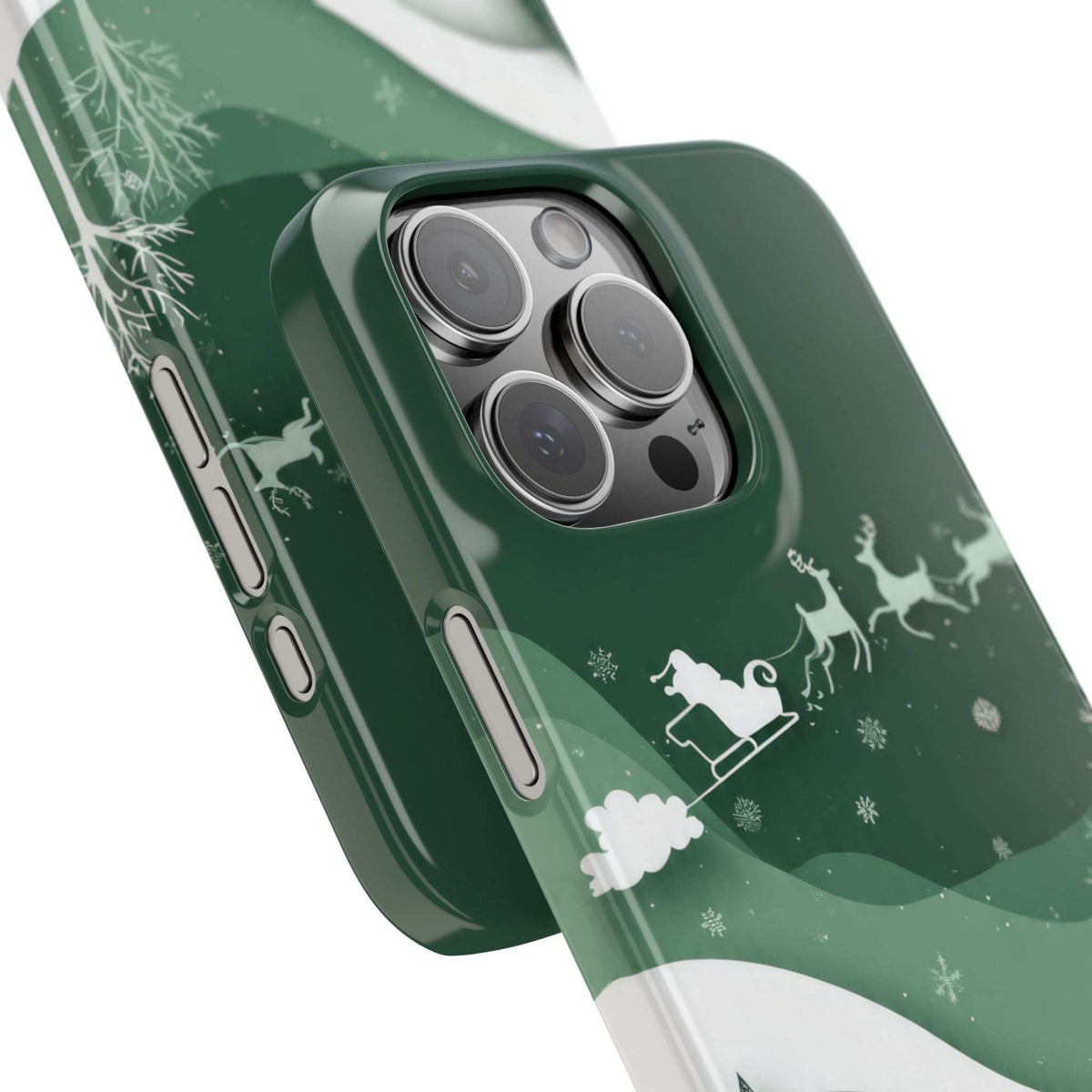 Green evergreen forest phone case shown at an angle, with sleigh and reindeer winter scene.