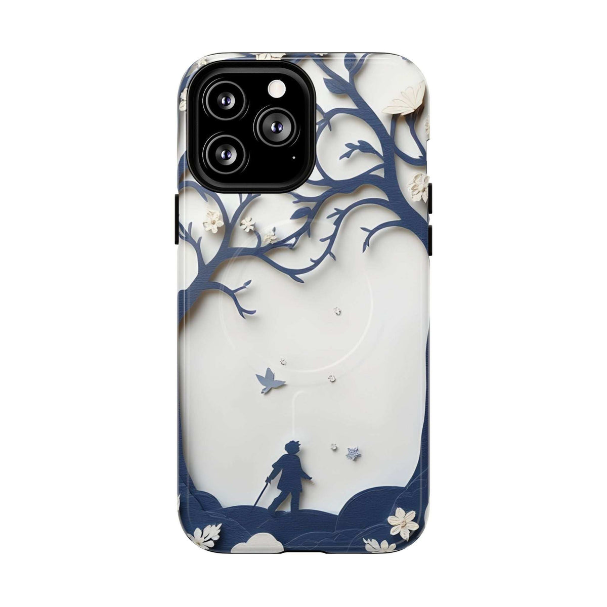 Phone case back with blue nature silhouette print, tree branches, stars, and floral accents