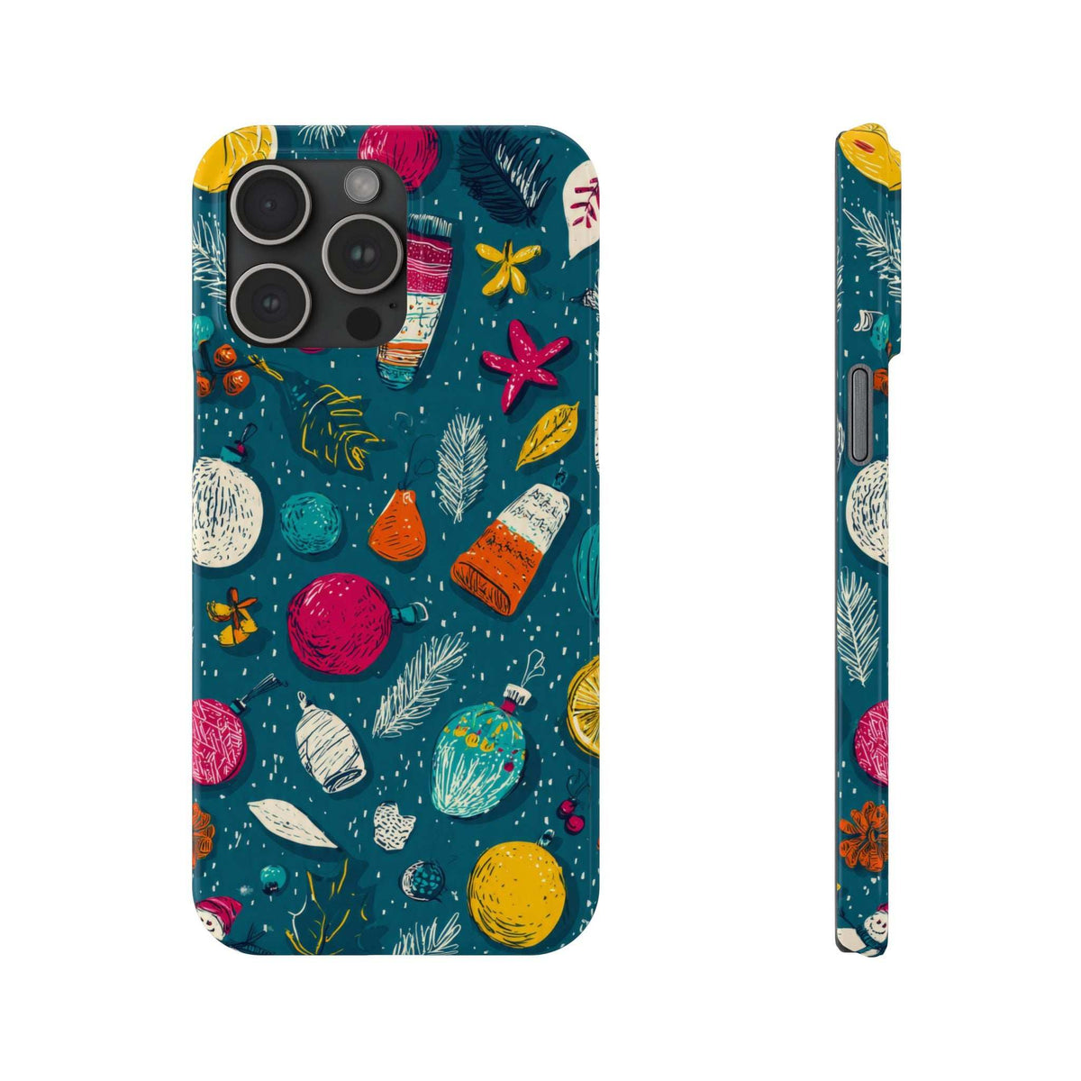 Winter Joy iPhone case with teal winter pattern; rear cameras and flash openings
