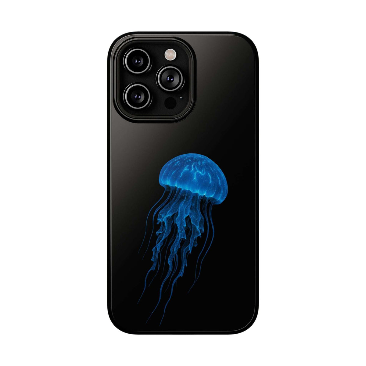 Glossy black phone case with blue jellyfish graphic and raised camera cutouts