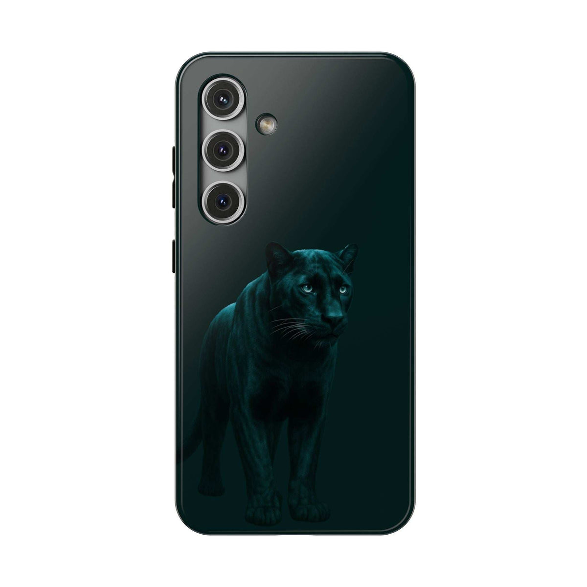 Phone case with dark panther graphic on back, vertical triple-camera cutouts