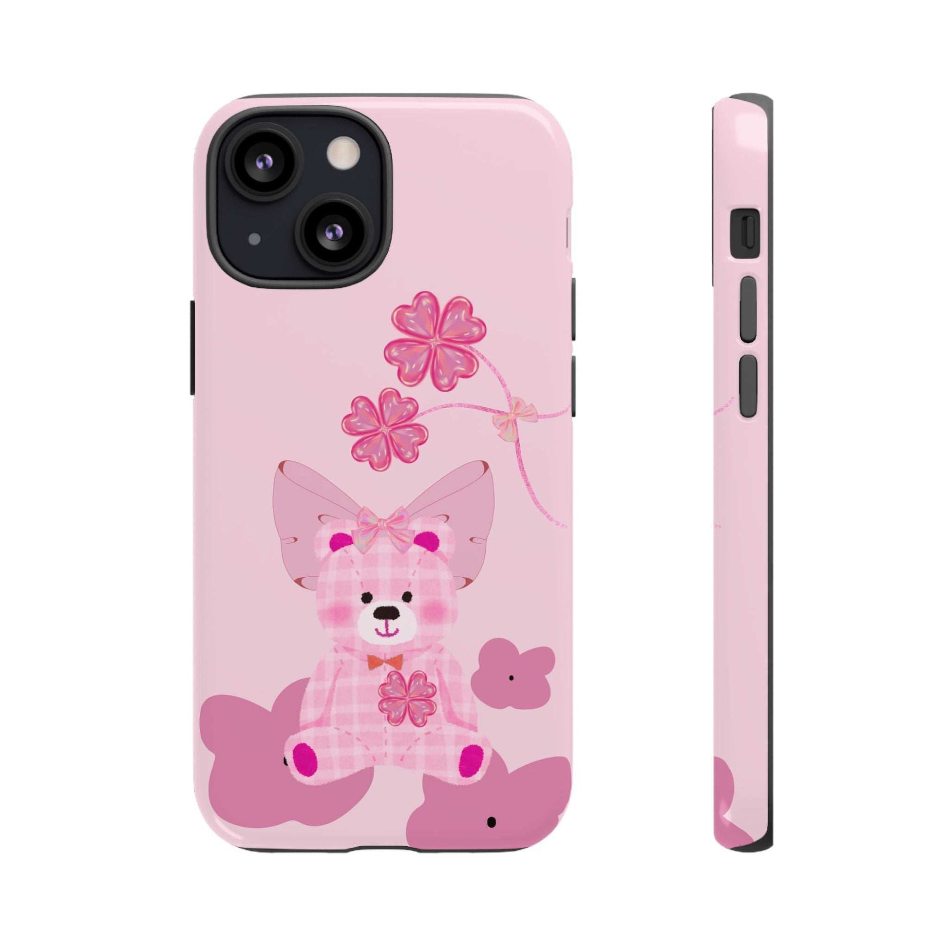 Pink phone case featuring teddy bear and flowers; camera cutout and side profile.