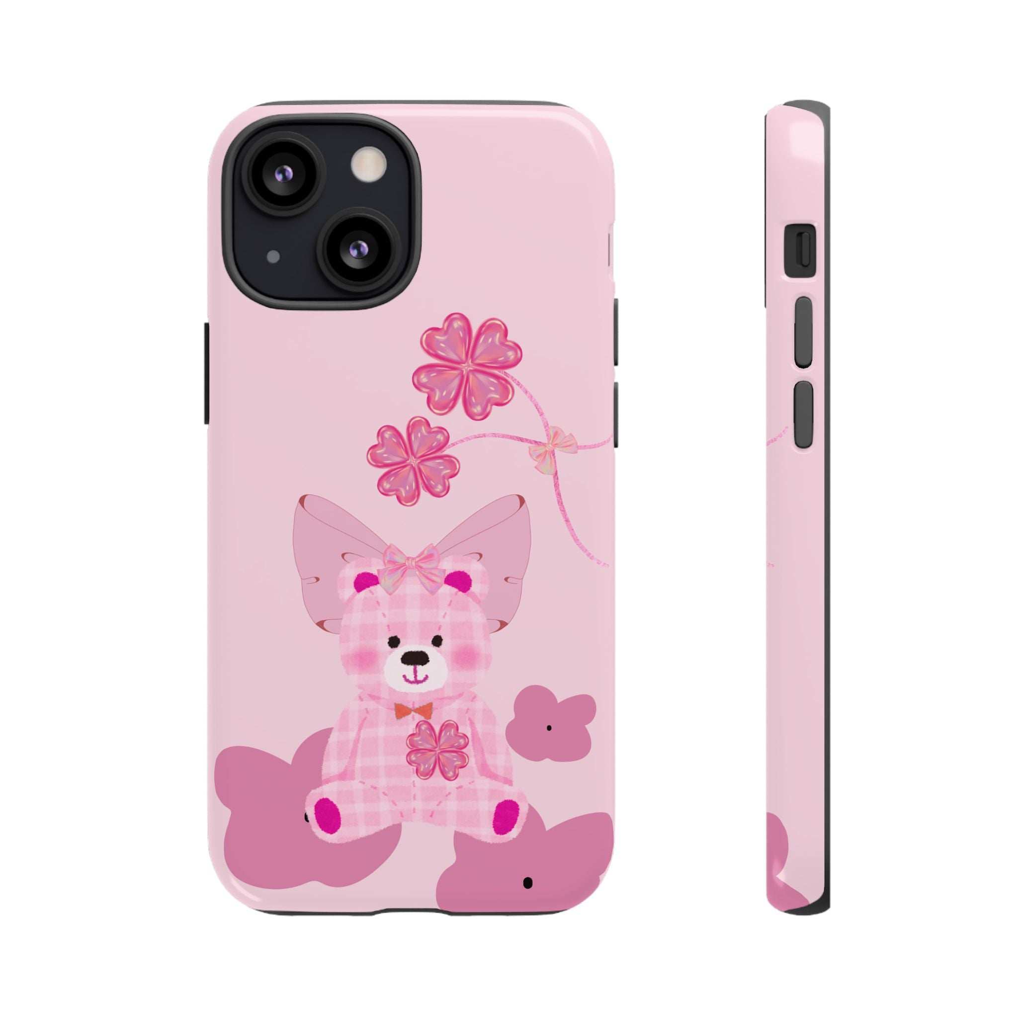 Pink phone case featuring teddy bear and flowers; camera cutout and side profile.