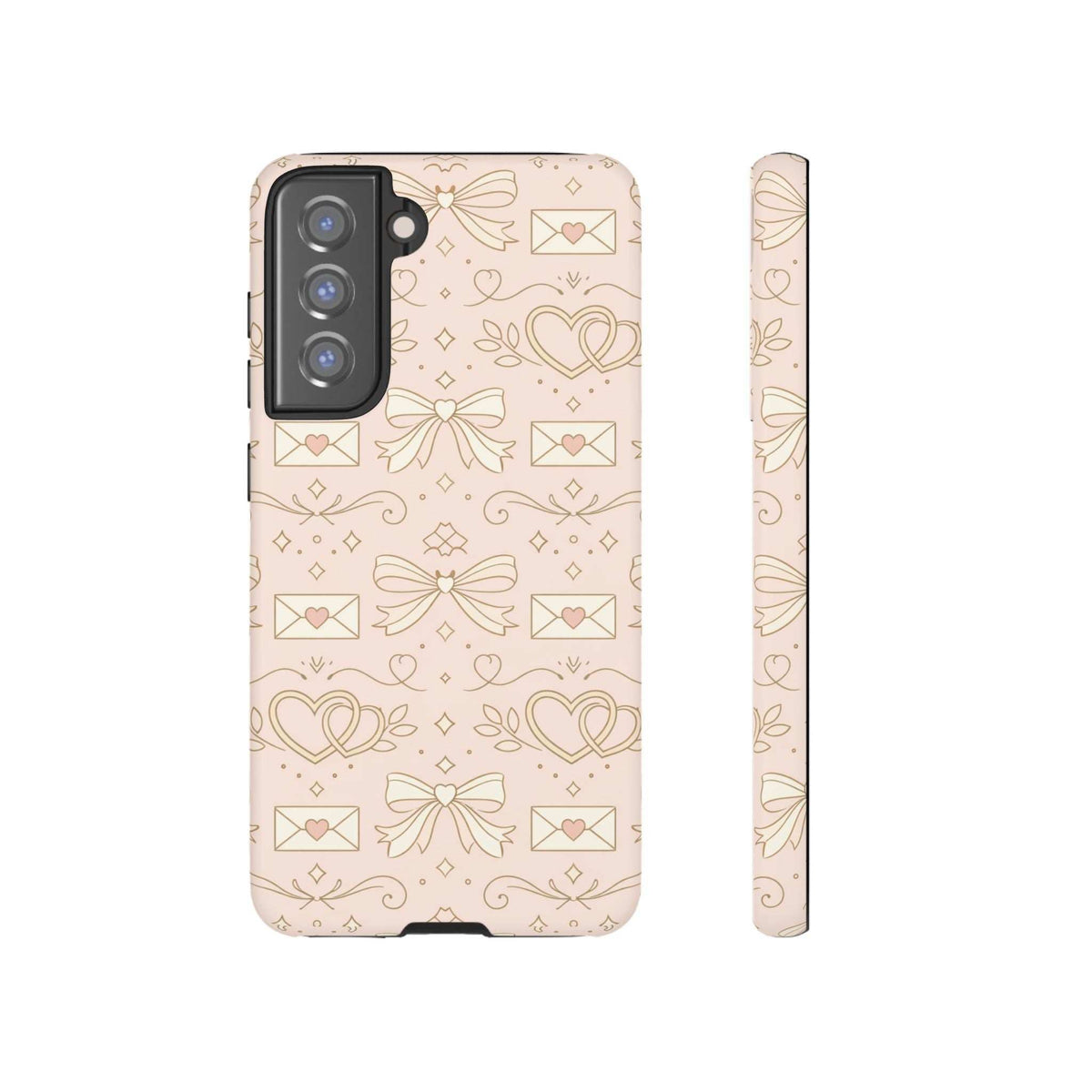Blush pink tough phone case with hearts, bows, and envelope icons; front view and slim side.