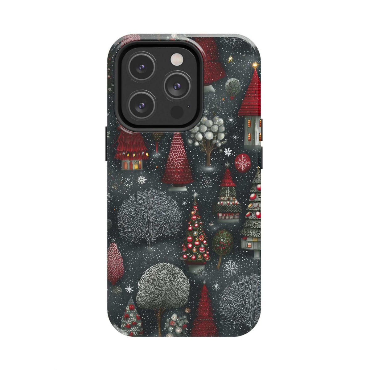 Frosted phone case with dark winter pattern, snow-covered trees, red Christmas accents, and lights