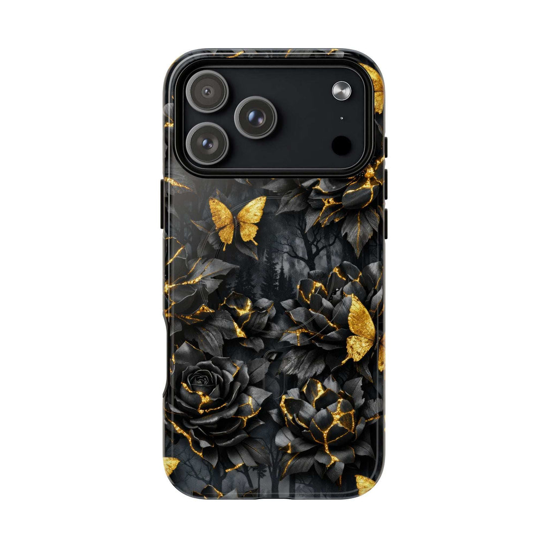 Phone case with black rose flowers, gold butterflies, and Kintsugi-style golden cracks