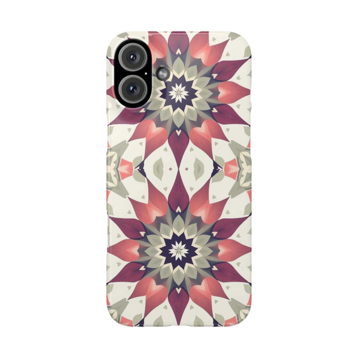 Phone case with burgundy and navy mandala flower pattern on cream, camera openings in top-left.