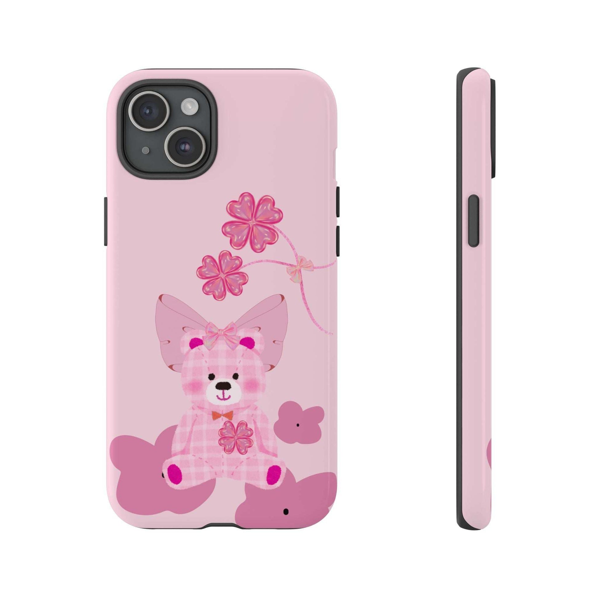 Pink teddy bear phone case with floral bow; back view with camera cutout and side edge.