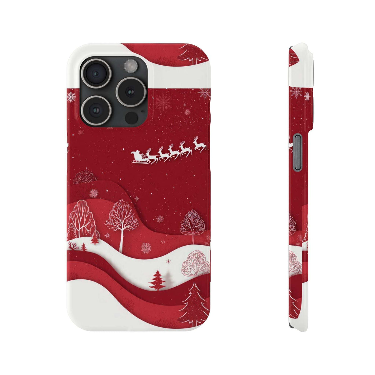 Red winter phone case with Santa sleigh graphic, snowdrifts, and tree silhouettes; back+side.