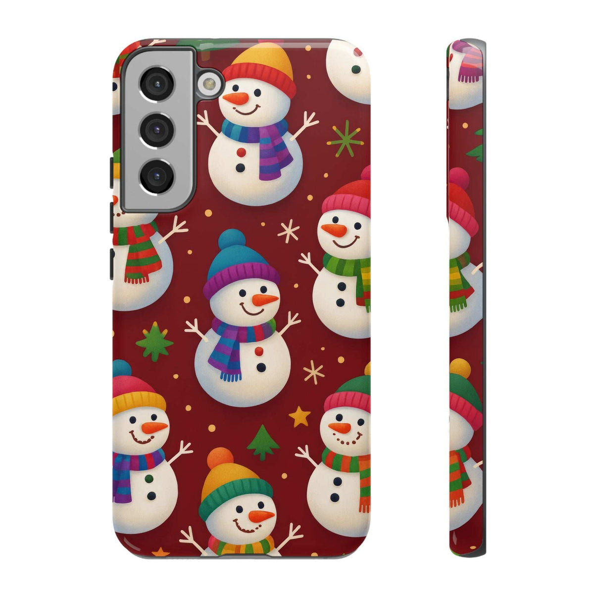 Glossy phone case with repeating snowmen, winter hats and scarves; camera module cutouts.