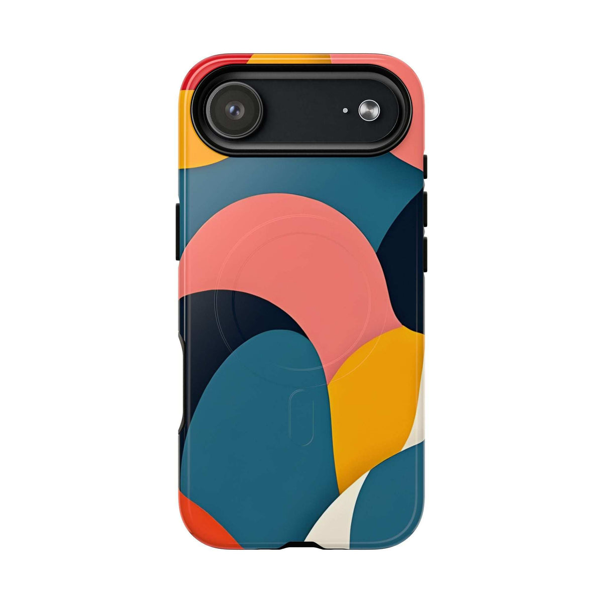 Colorful abstract phone case with coral and teal curves; horizontal dual-camera cutout