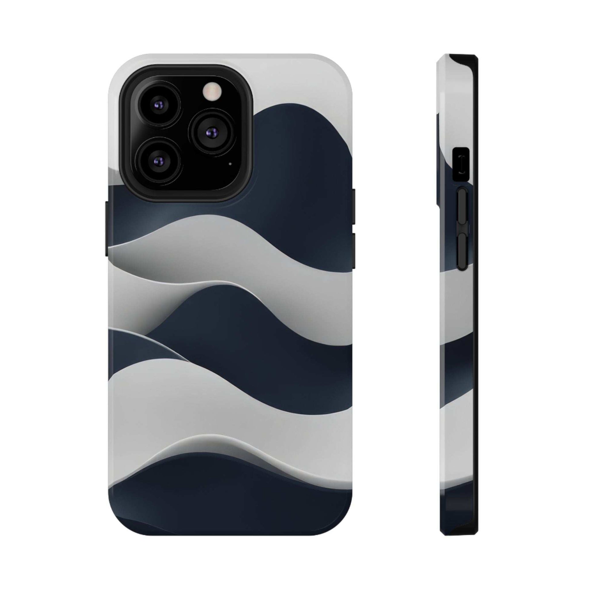 Phone case front and side view with dark-blue wave pattern and light backing; camera openings.