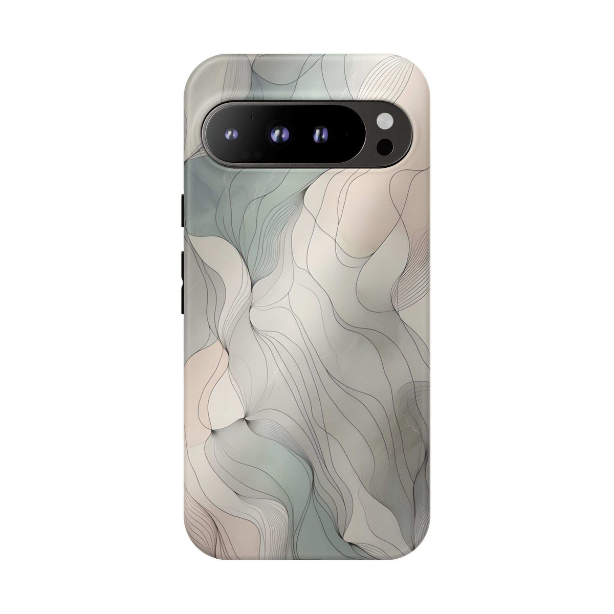 Pastel wave phone case with large dark camera panel and cutouts on light neutral back.