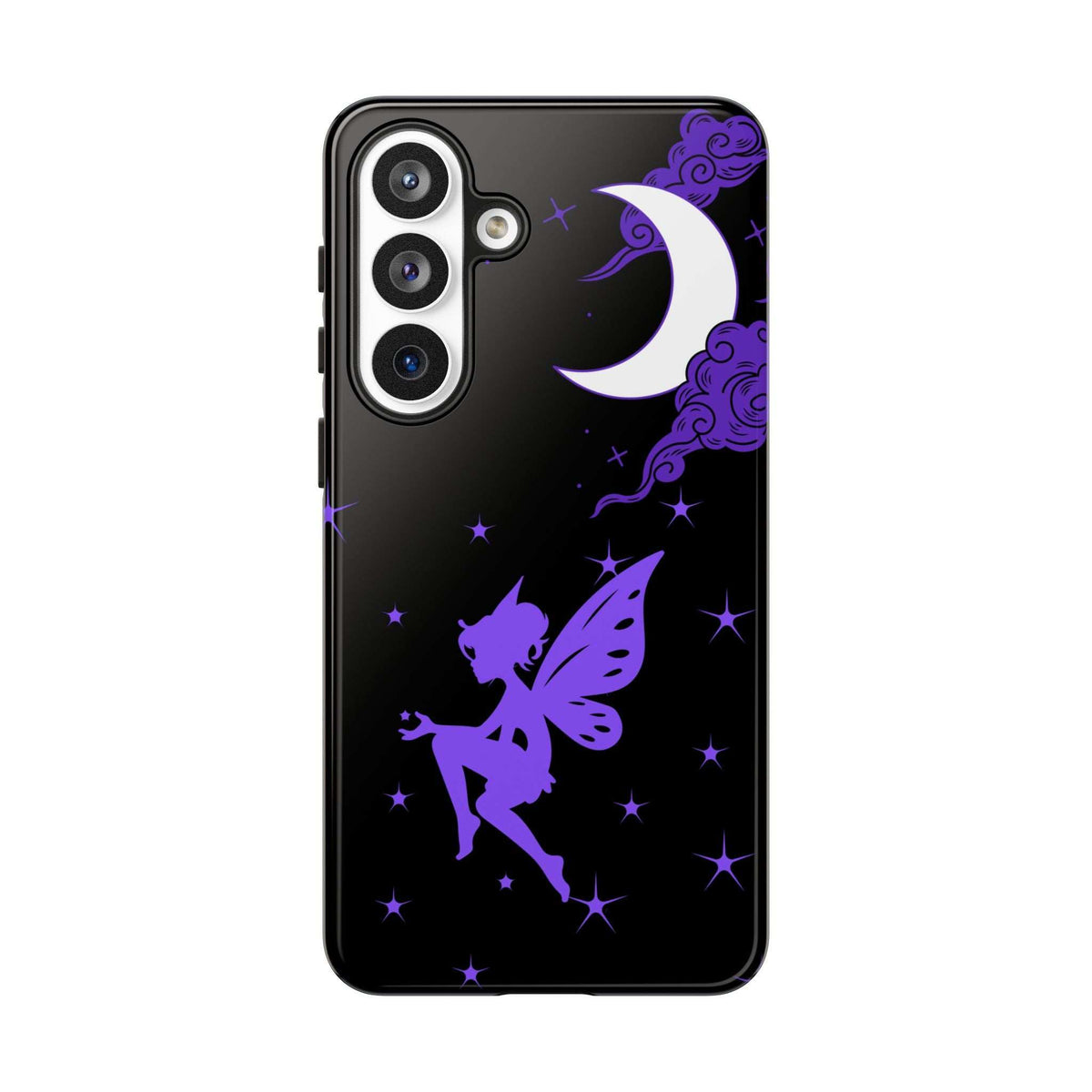 Black phone case with purple fairy art, crescent moon, clouds, and scattered stars.
