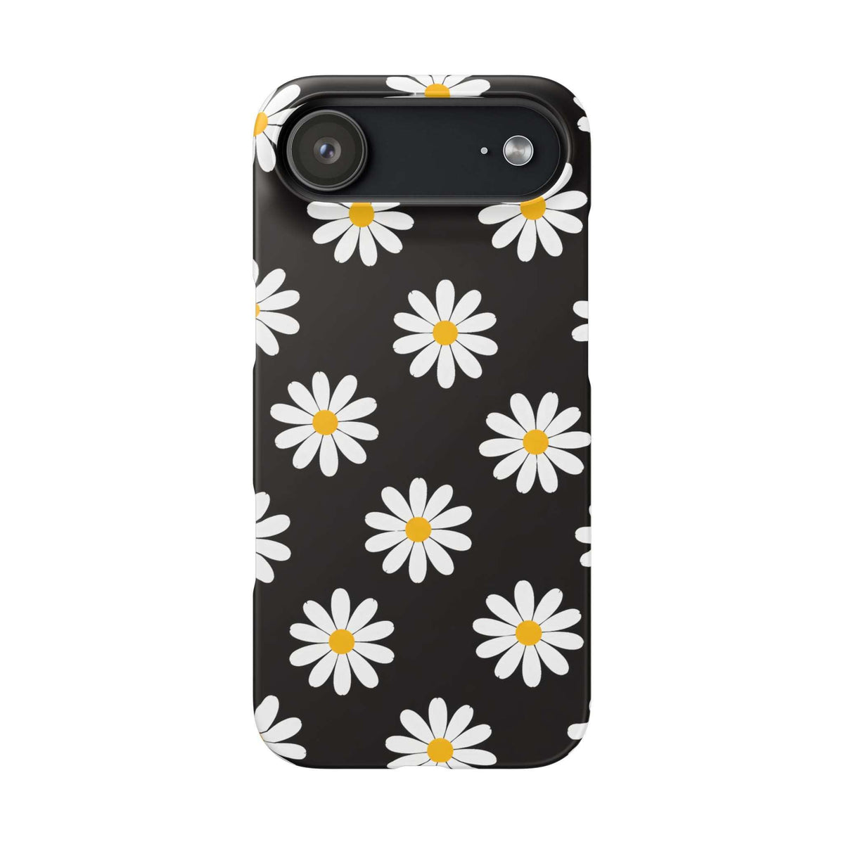 Black phone case with white daisy motif and yellow centers; back camera lenses shown