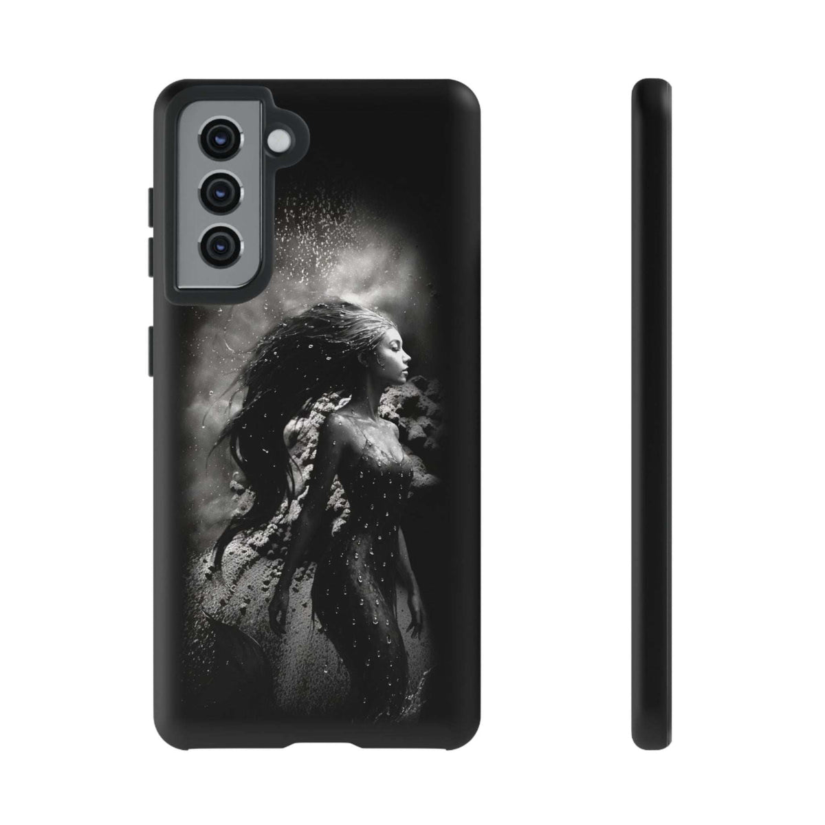 Black phone case featuring monochrome mermaid artwork; back camera module and side edge visible