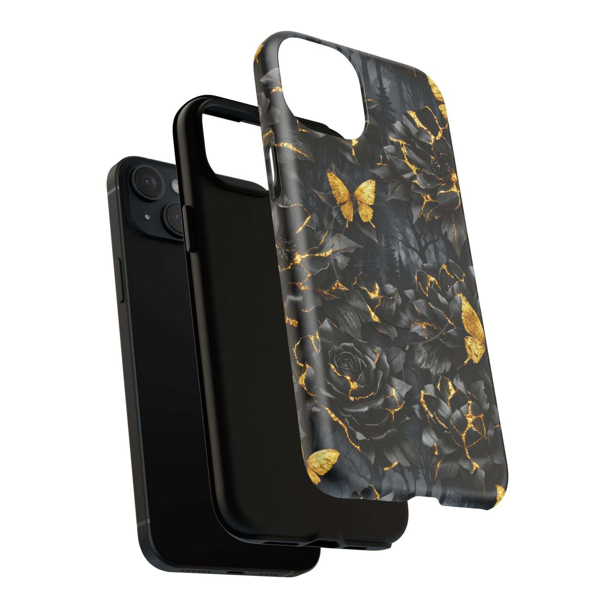 Black protective phone case with gold roses and butterflies; kintsugi-style metallic crack lines.