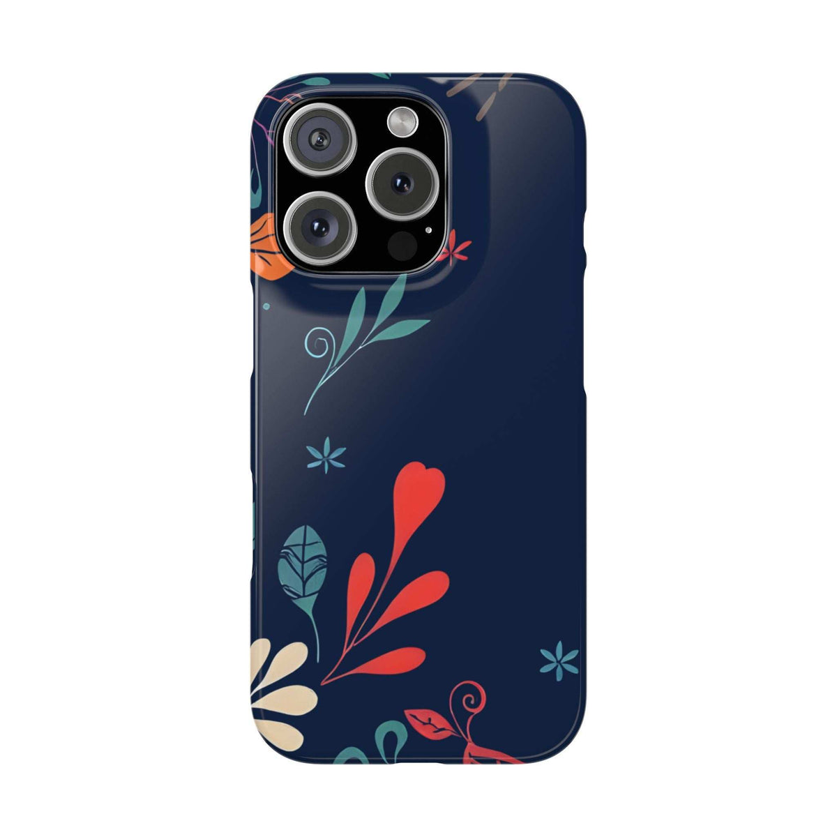 Dark navy floral phone case with red hearts and orange leaf accents