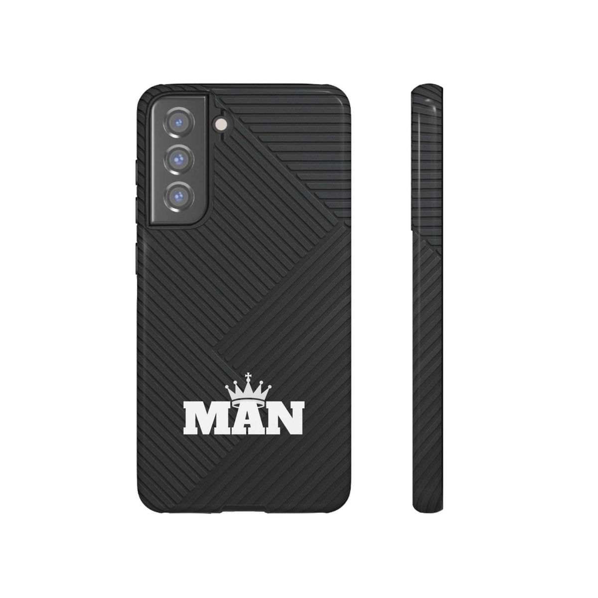 Black phone case with textured pattern, MAN logo, and three-lens camera cutout.