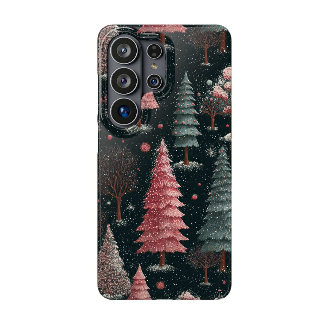 Winter forest phone case with glittery trees and snowflakes; raised camera cutouts on back.