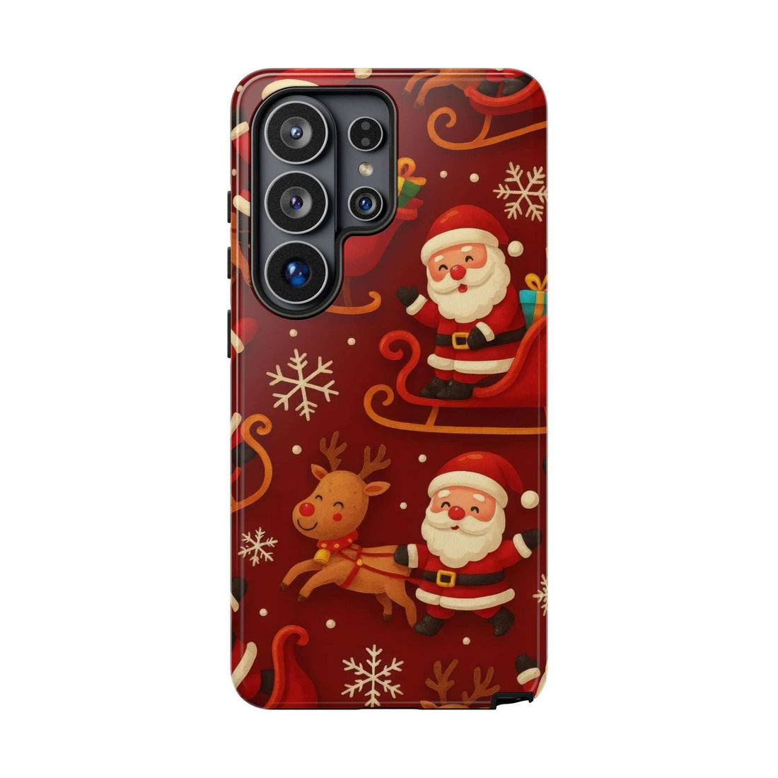 Glossy red Santa and sleigh phone case with reindeer, camera cutouts visible