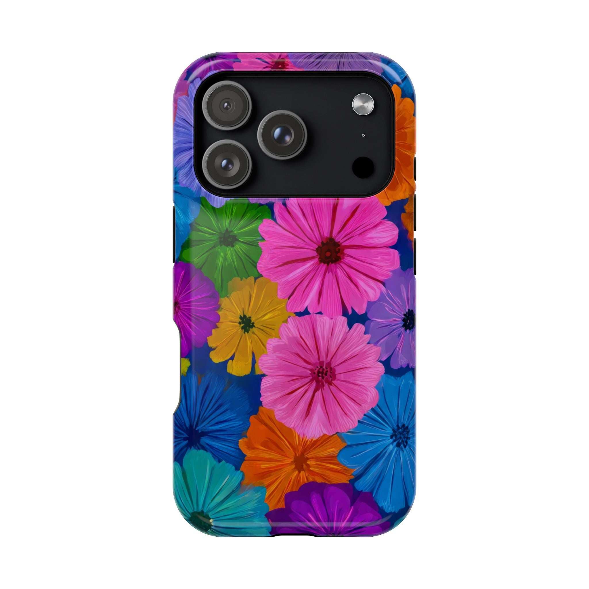 Multicolor bloom patterned phone case with black camera block and precise cutouts