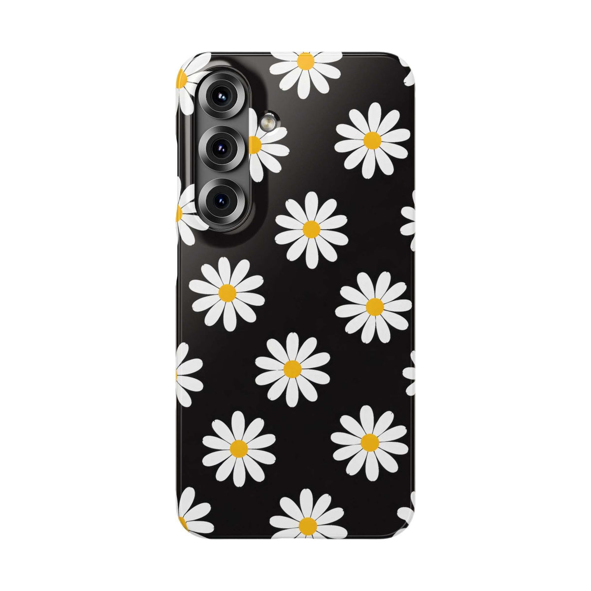 Black phone case with white daisies and yellow centers; raised cutouts for 3 camera lenses