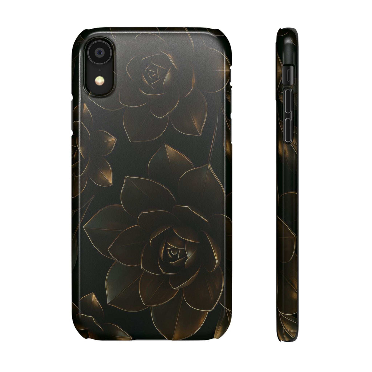 Glossy black phone case with gold rose metal-flower pattern and side key cutouts.
