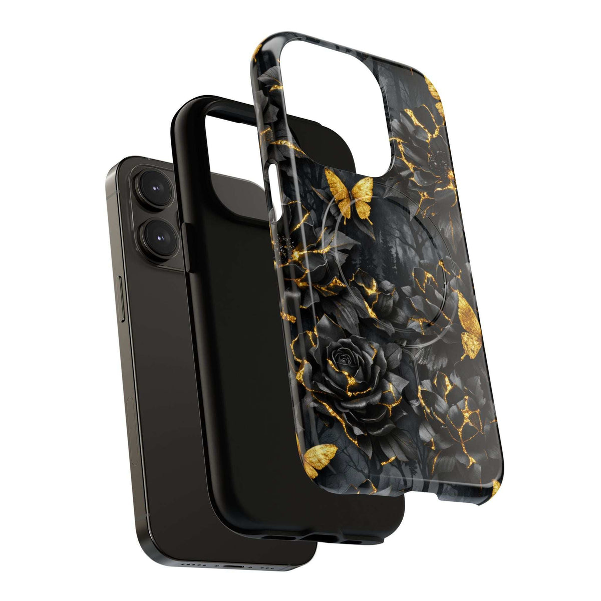 Black protective phone case with gold rose and butterfly motifs and kintsugi crack lines.