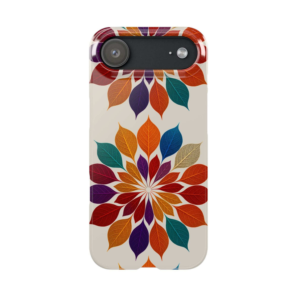 Leaf mandala phone case with colorful leaf pattern and top edge camera opening