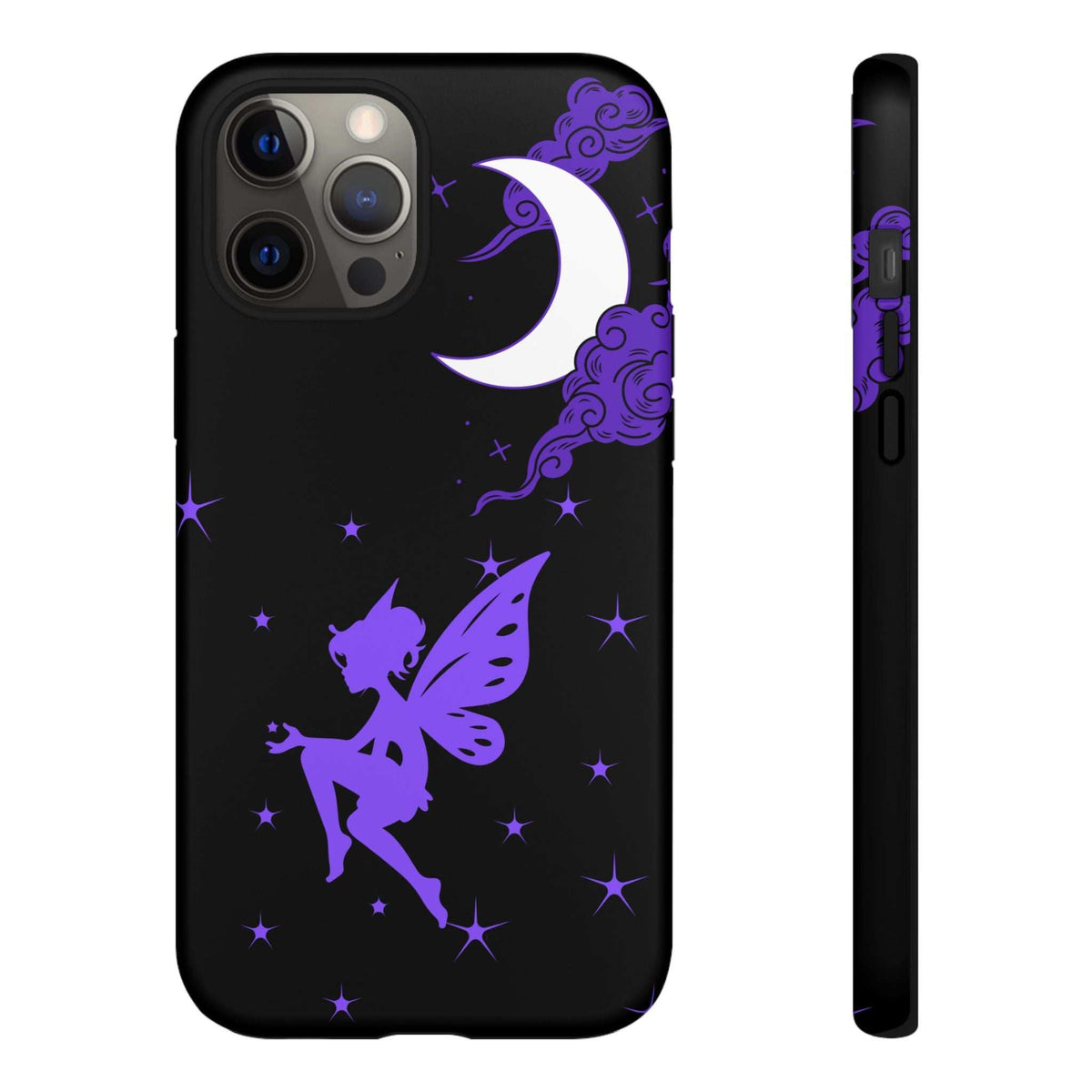 Black phone case featuring purple fairy and crescent moon; rear camera cutouts