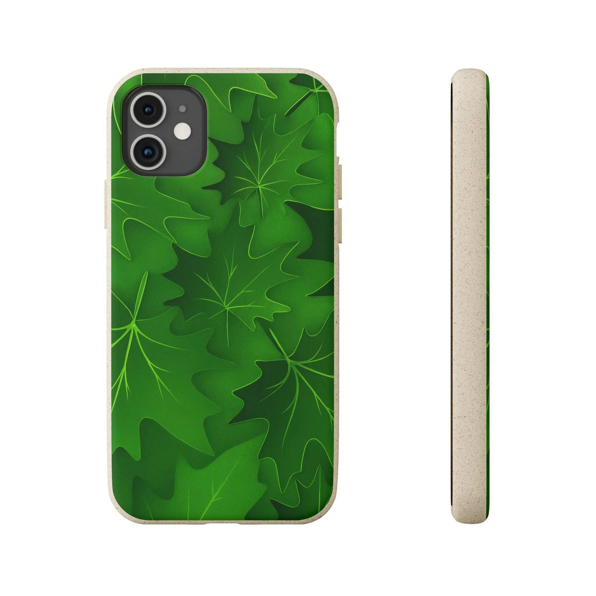 Green botanical leaf phone case with camera cutout; side profile shown