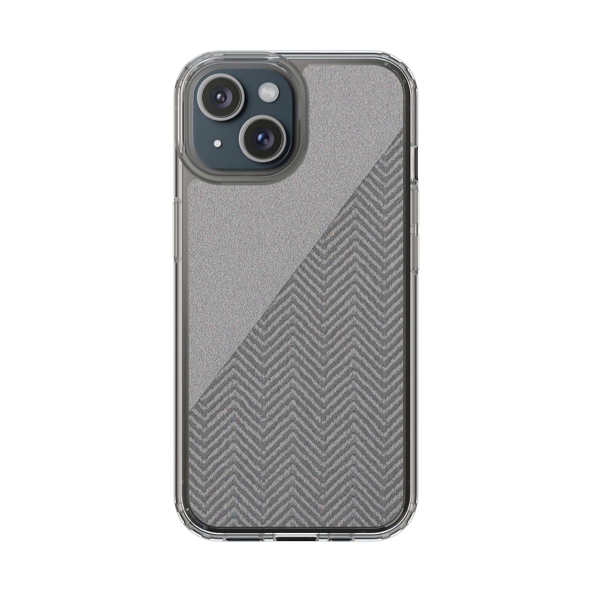 Tough phone case with clear bumper and dark herringbone diagonal pattern over rear cameras