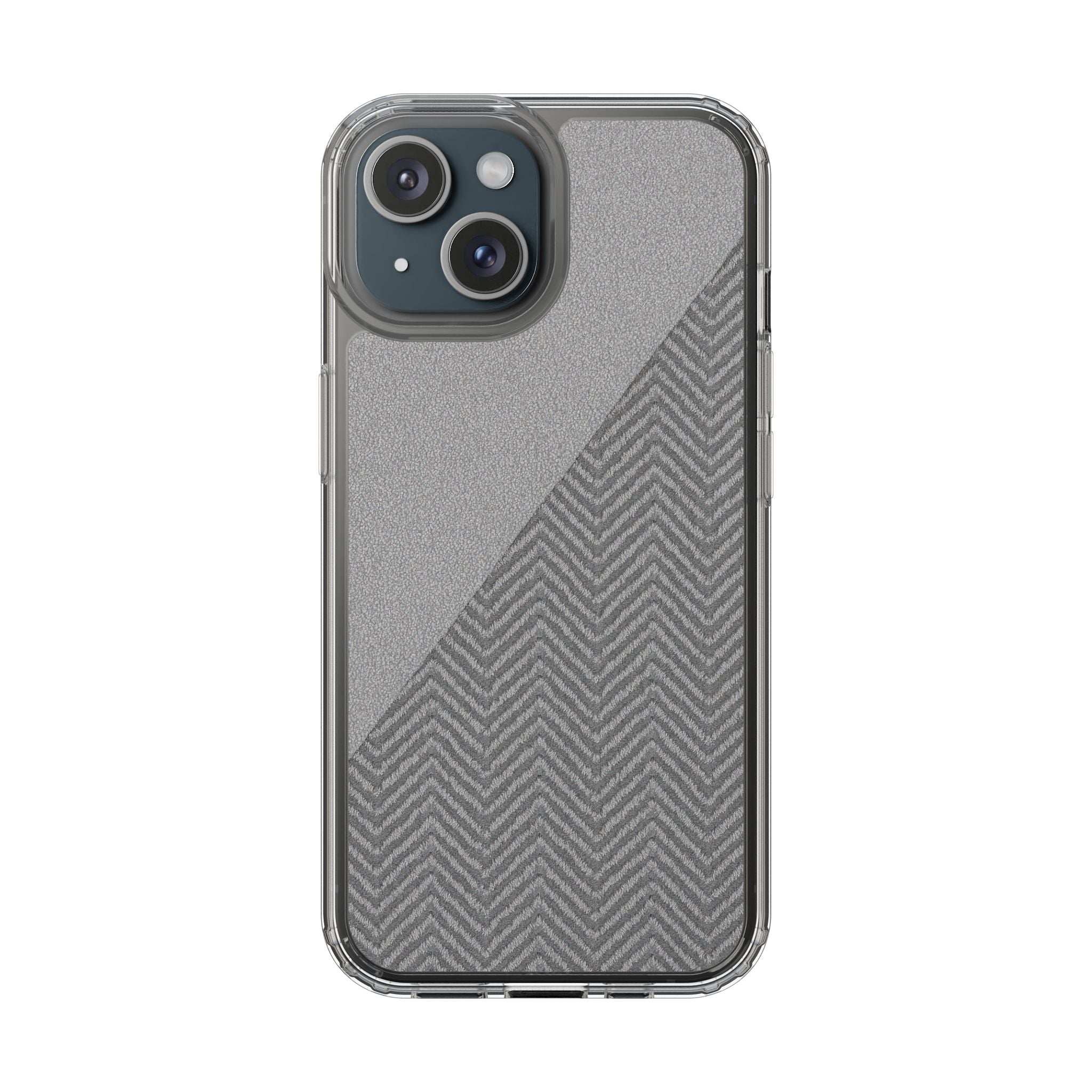 Tough phone case with clear bumper and dark herringbone diagonal pattern over rear cameras
