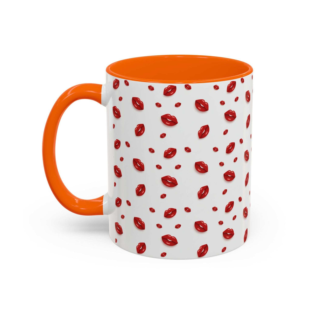 Hot lips accent coffee mug with orange handle, white body, and red lips pattern.