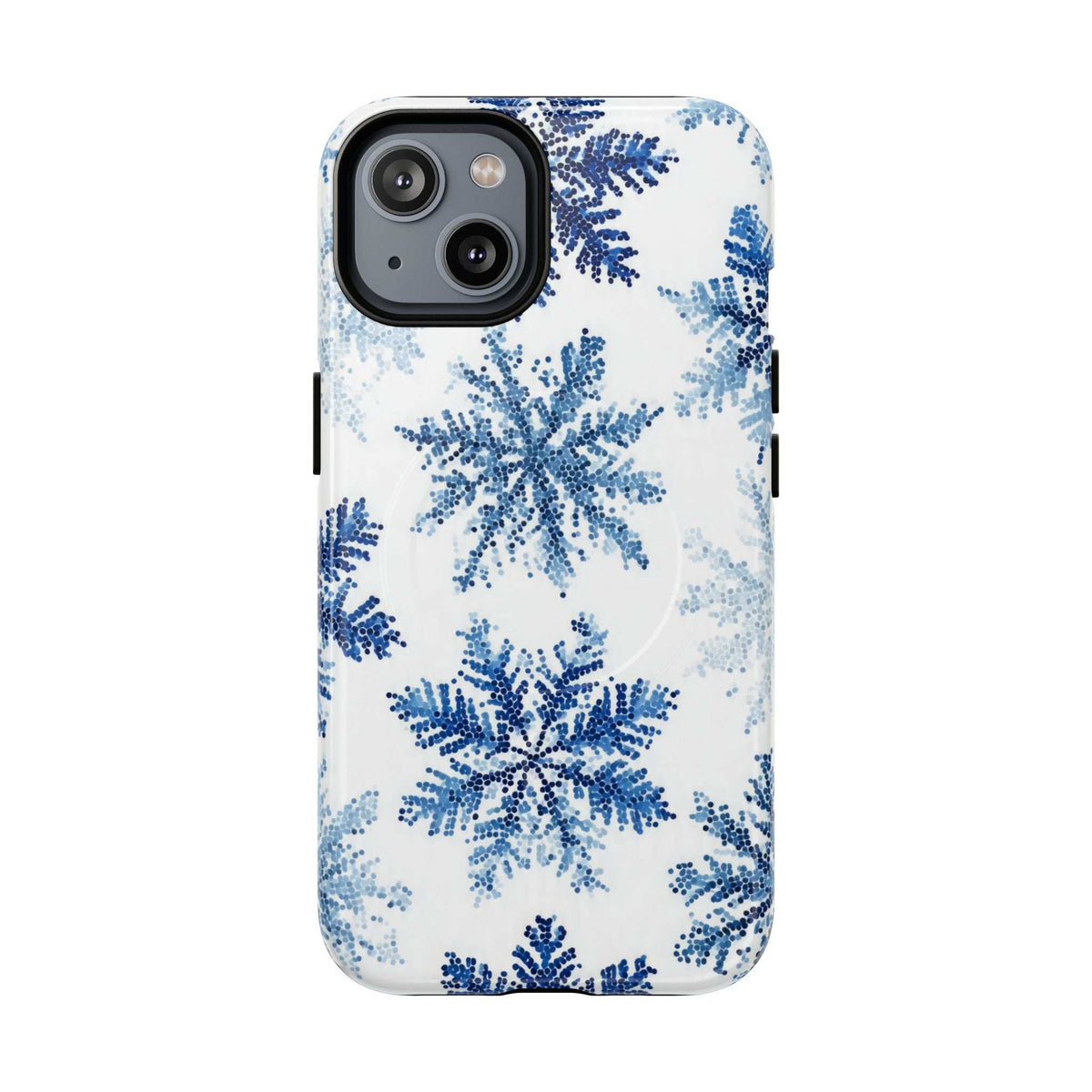Snowflake phone case in white with blue snowflakes; camera cutout on top