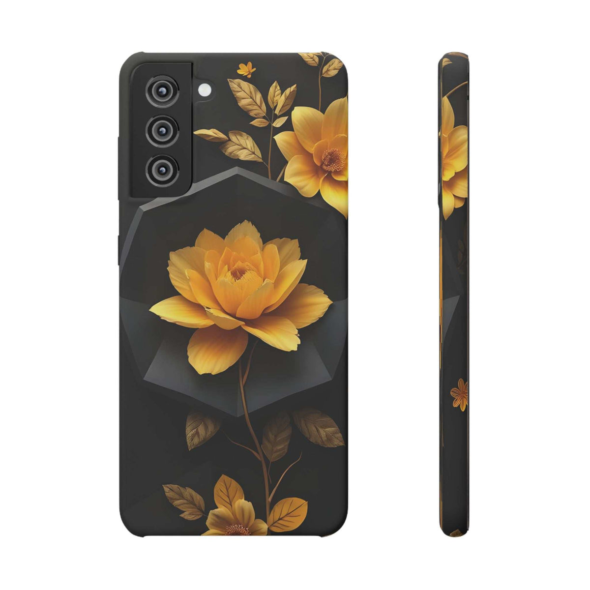 Black phone case with yellow flower artwork, camera and flash openings visible