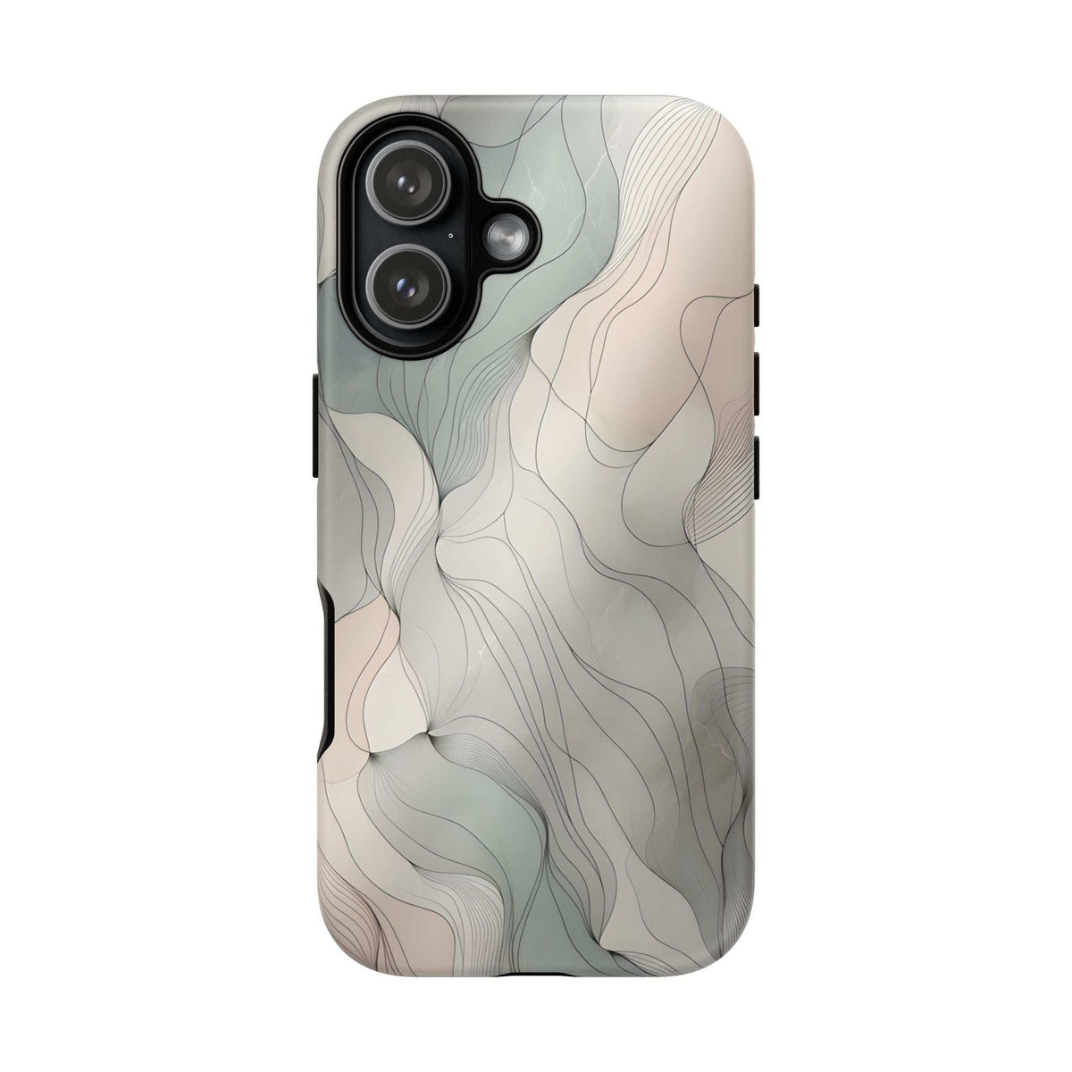 Pastel wave phone case showing triple camera lenses and flash with side button openings.