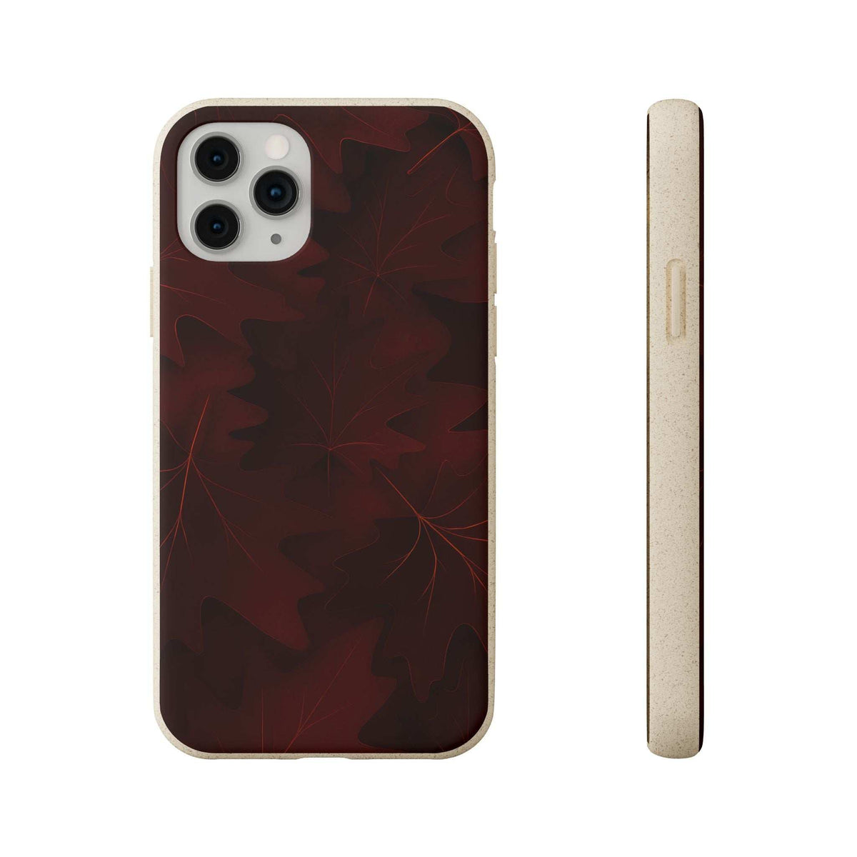 Dark red autumn leaf phone case with quad camera cutout and textured light side edge.