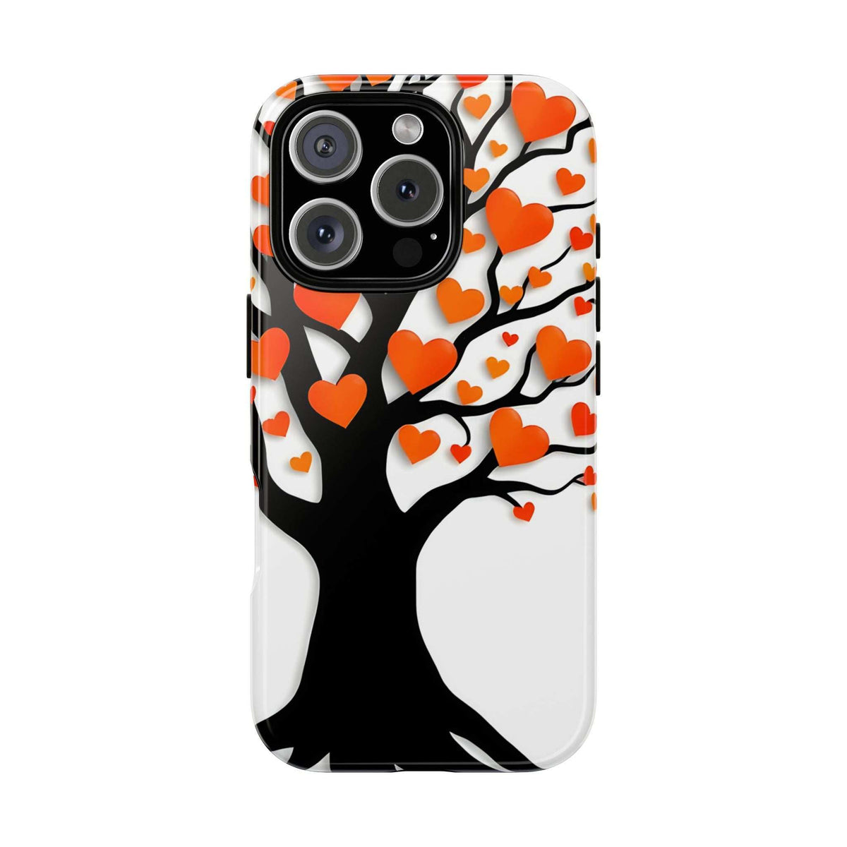 Heart tree phone case with orange heart pattern, black tree silhouette, quad camera cutouts