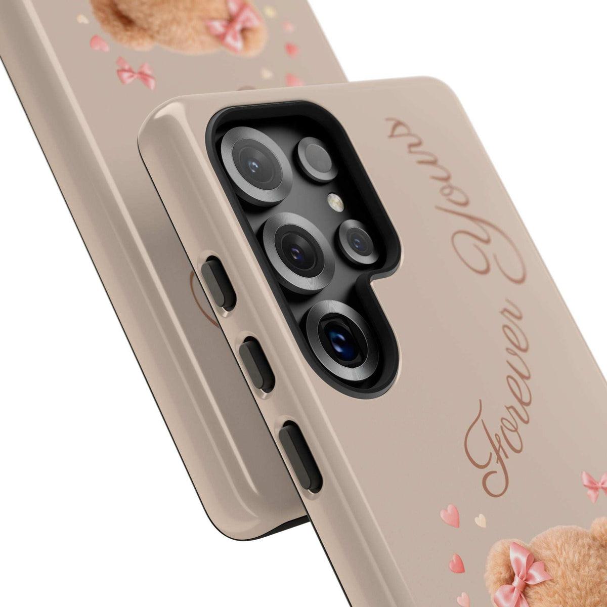 Beige phone case close-up of camera cutout and teddy bear design, for Samsung Galaxy.