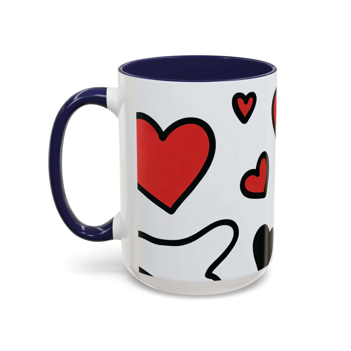 Accent coffee mug with navy interior and handle, white body, red heart and small heart icons.