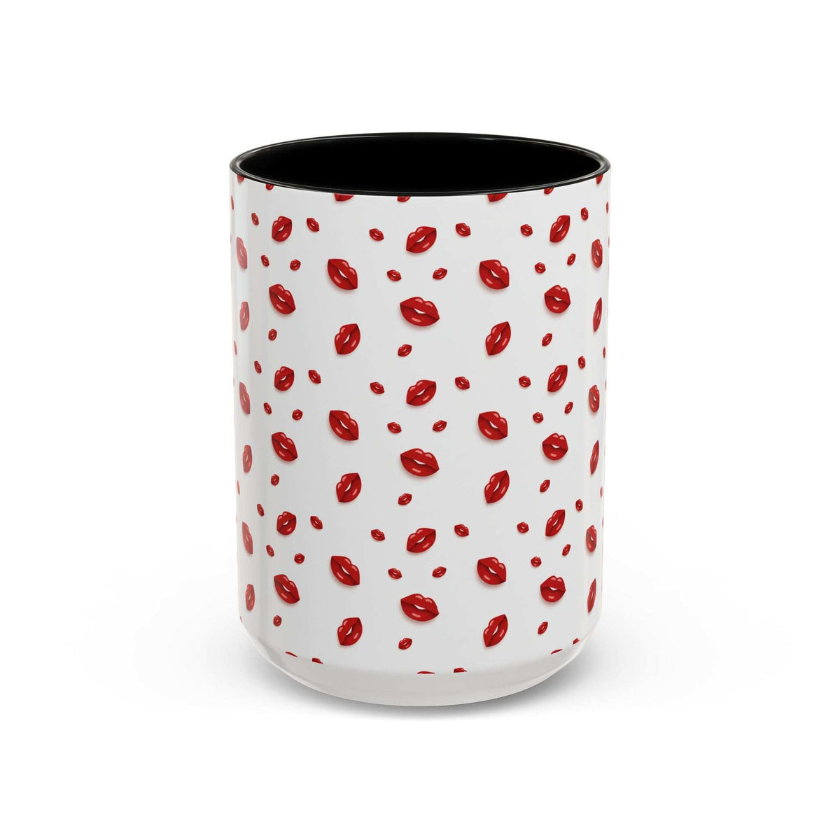 Ceramic coffee mug with red lips pattern and black interior