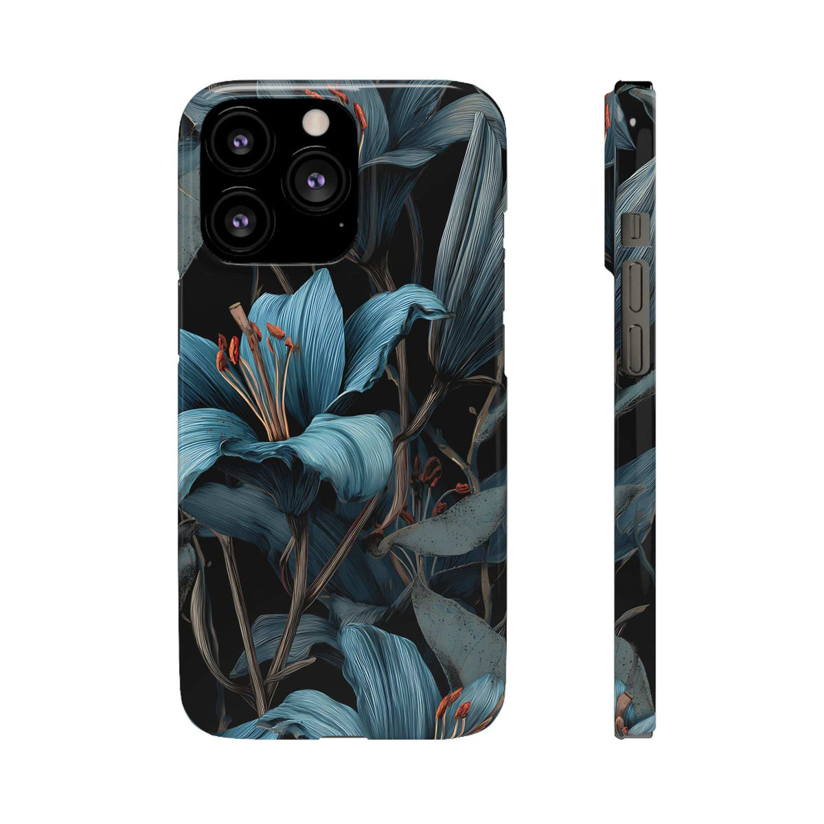 Phone case with blue floral leaf design, black camera housing area, and lens openings