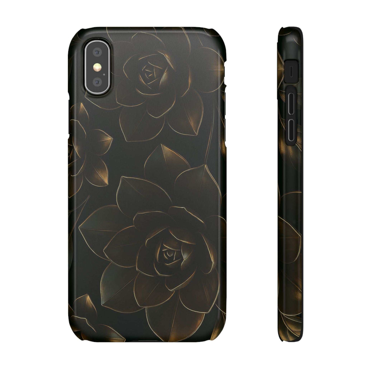 Glossy metal flower phone case with gold rose artwork on dark base, side button cutouts